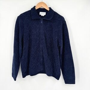 Alfred Dunner Womens Navy Blue Metallic Chenille Zip Front Cable Knit Sweater XL